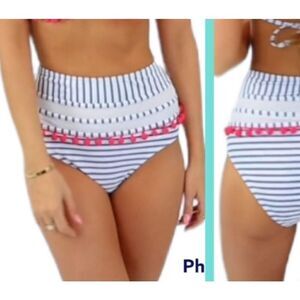 Cocoship navy and white high waisted bikini bottom with pom-poms size 6